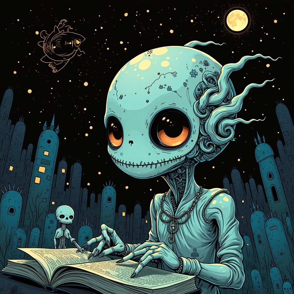 Whimsical Scene with Blue Figure and Skeleton Child