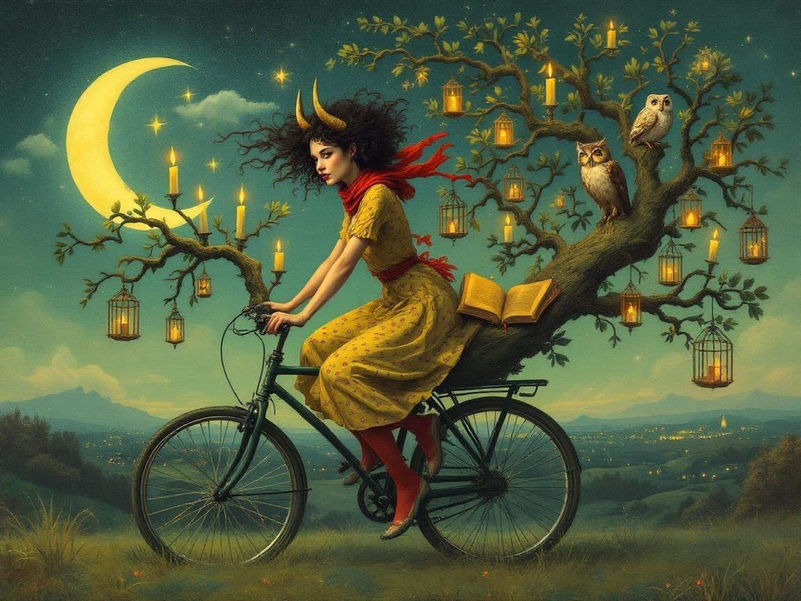 Whimsical Scene of a Girl on a Bicycle at Night