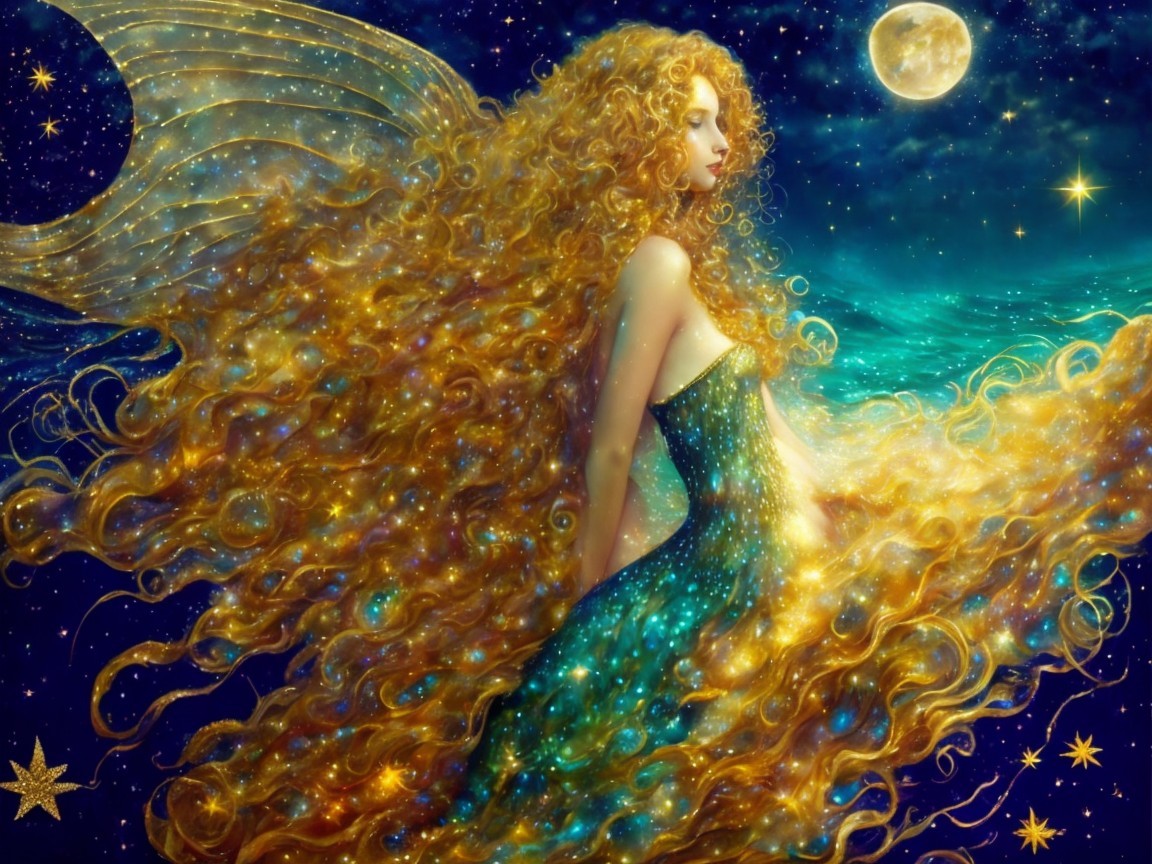 Mystical maiden in cosmic gown under starry sky