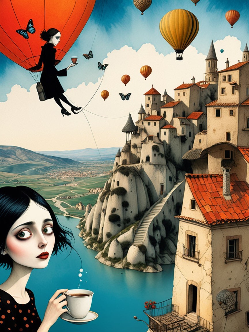 Whimsical Landscape with Floating Woman in Balloon