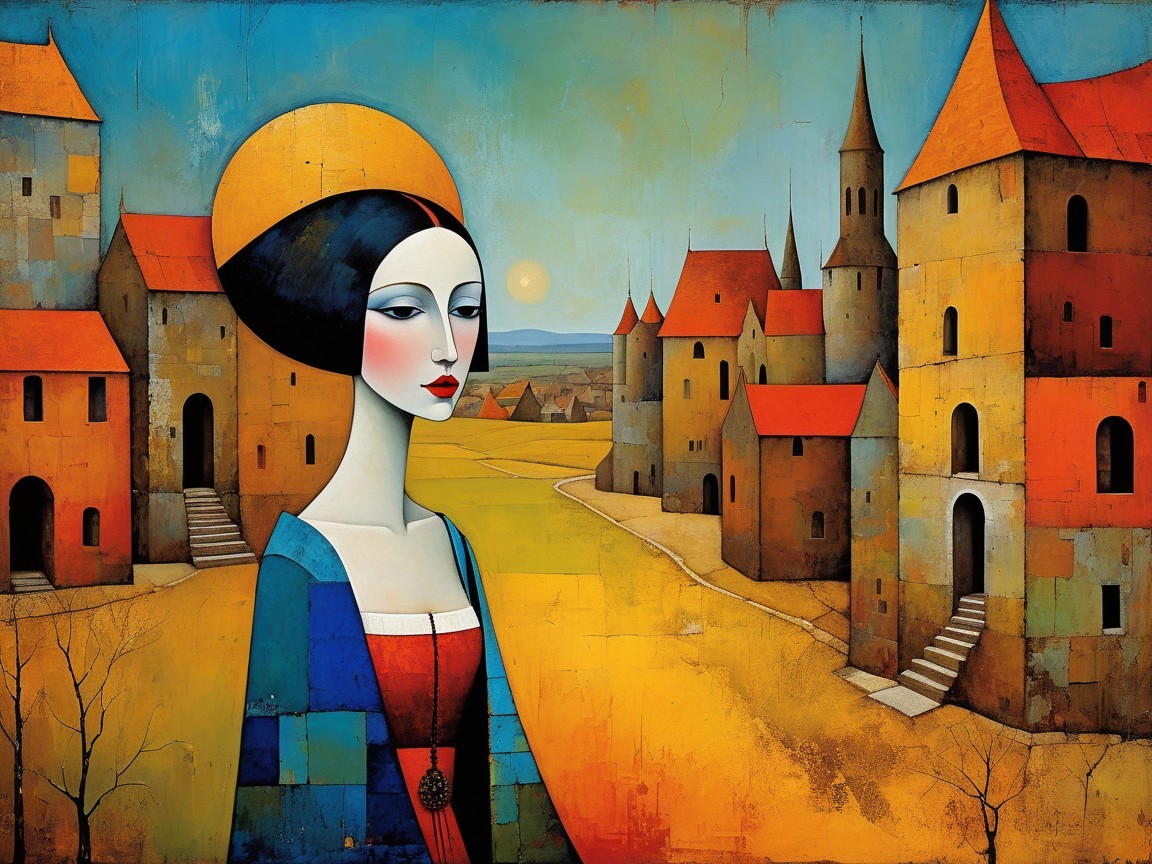 Stylized Woman in Colorful Dress with Vibrant Landscape
