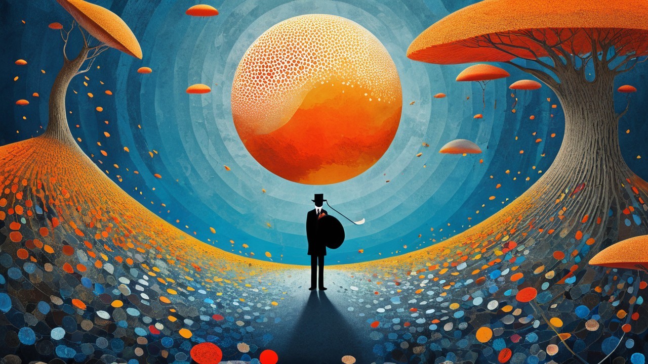 Surreal Landscape with Figure in Black Suit and Bowler Hat