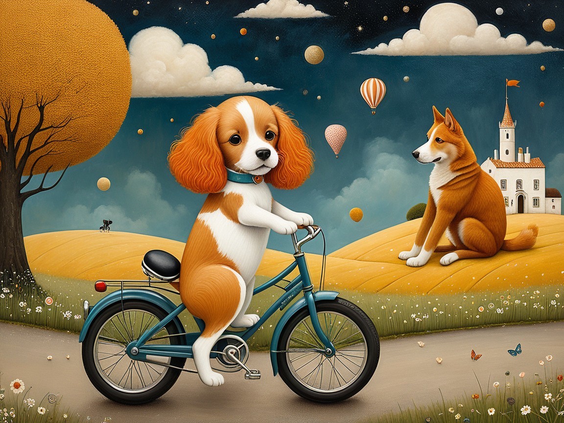 Whimsical Illustration of Dogs and Hot Air Balloons