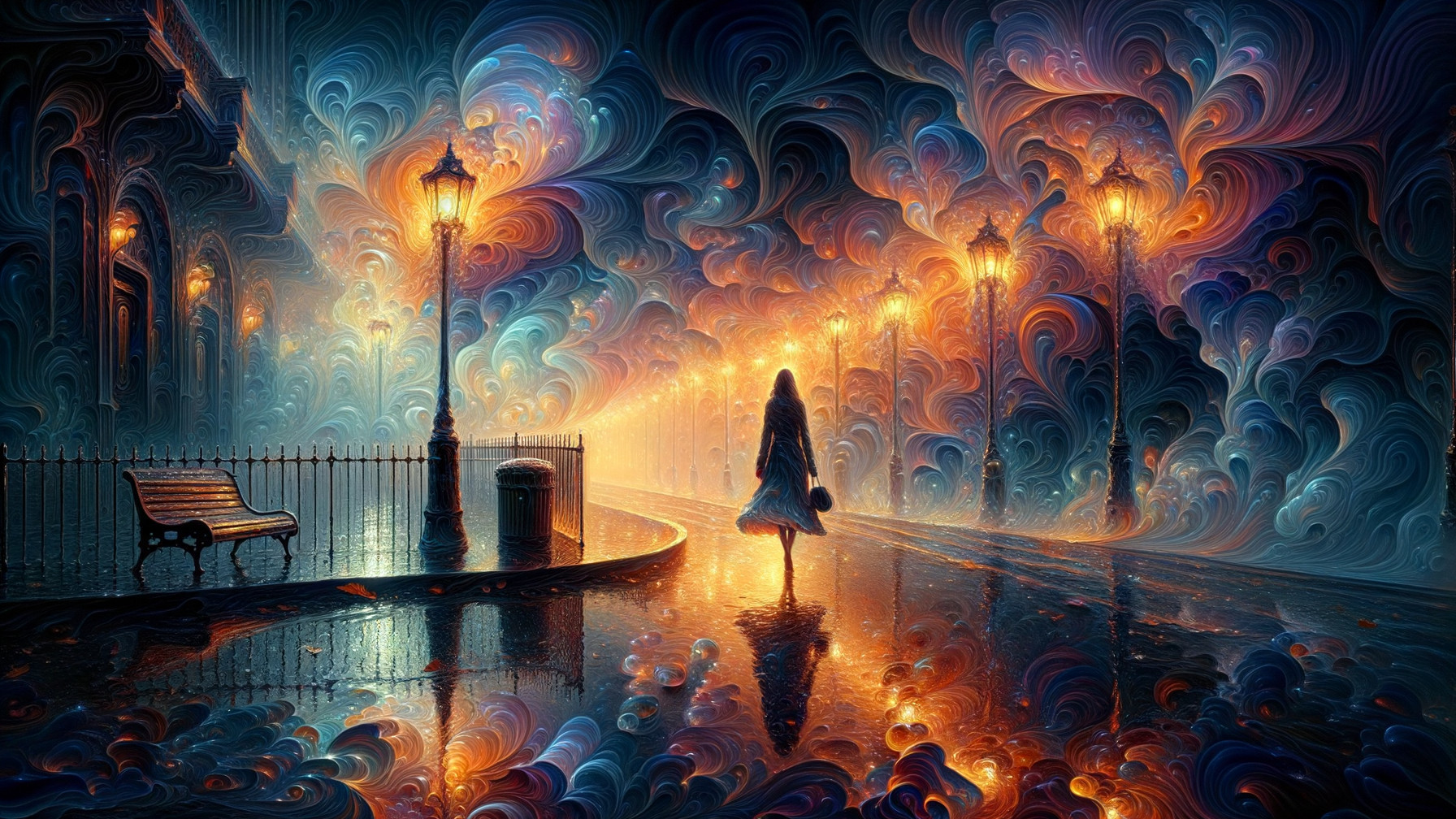 Nighttime Street Scene with Ethereal Lighting Effects