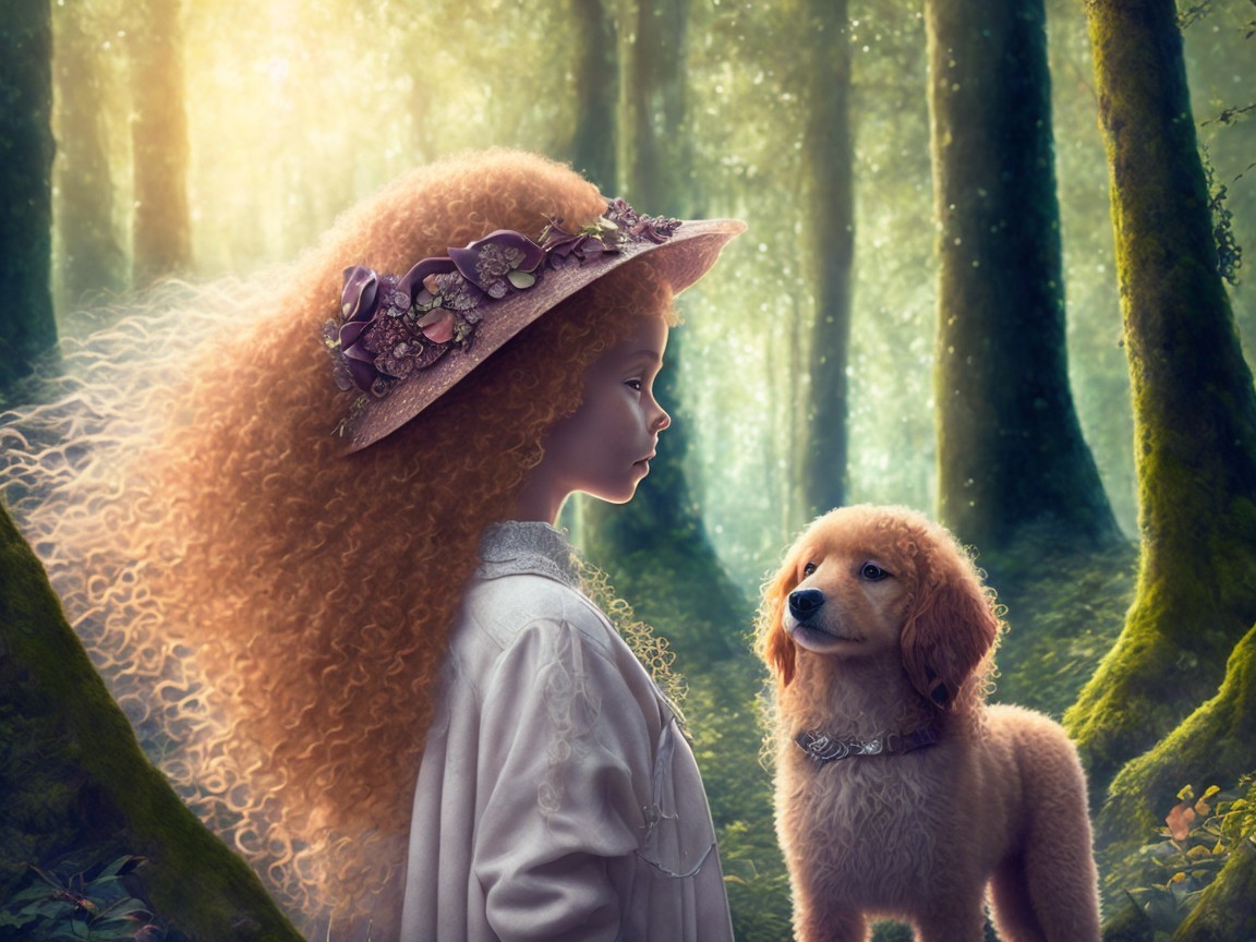 Young girl with puppy in a mystical forest setting