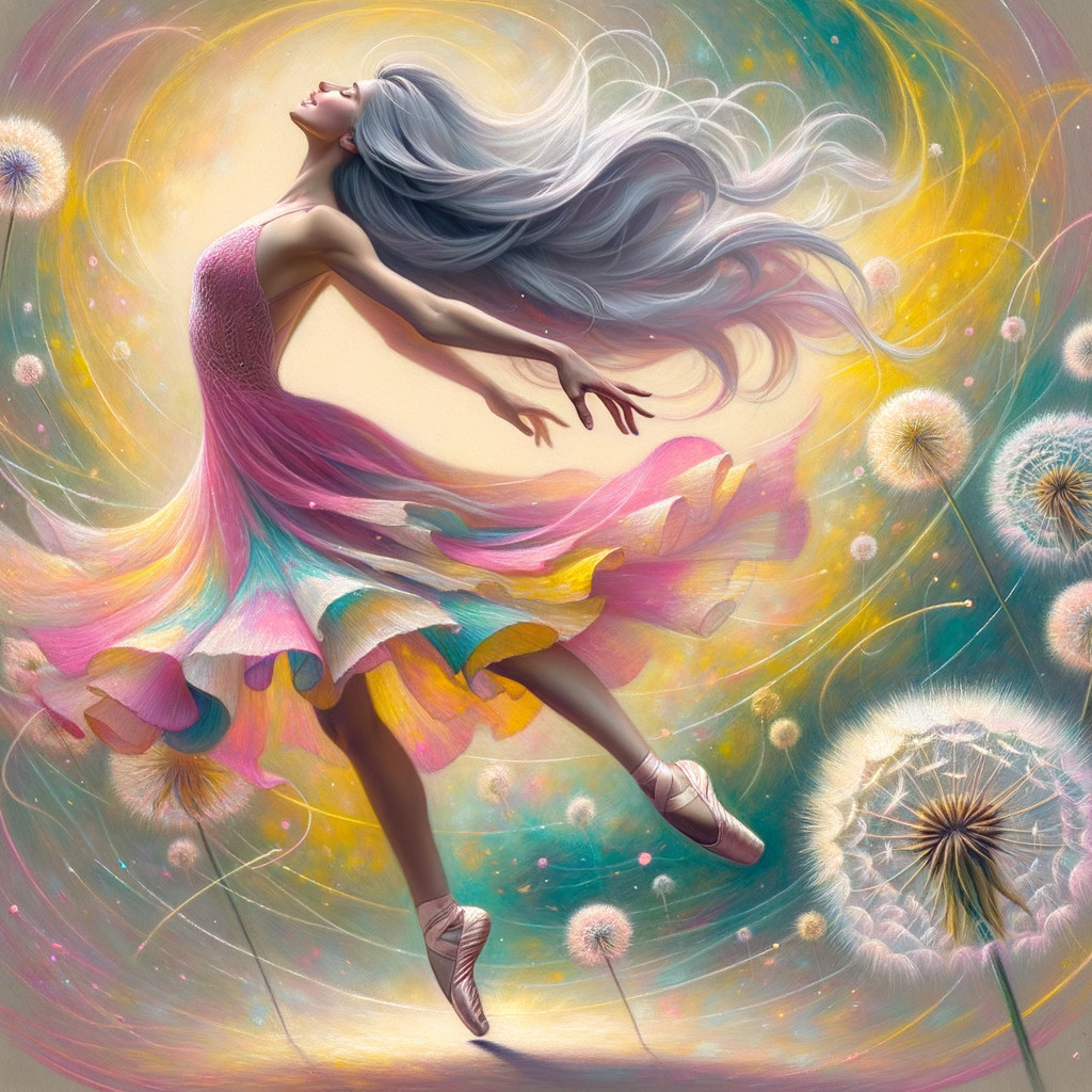 Ballerina in Rainbow Dress Against Ethereal Background