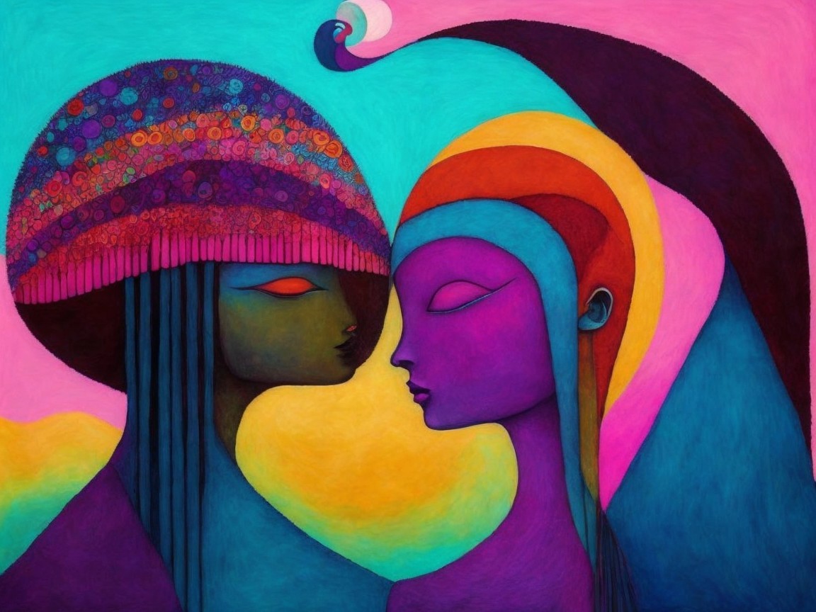 Abstract Faces with Decorative Hat in Vibrant Colors