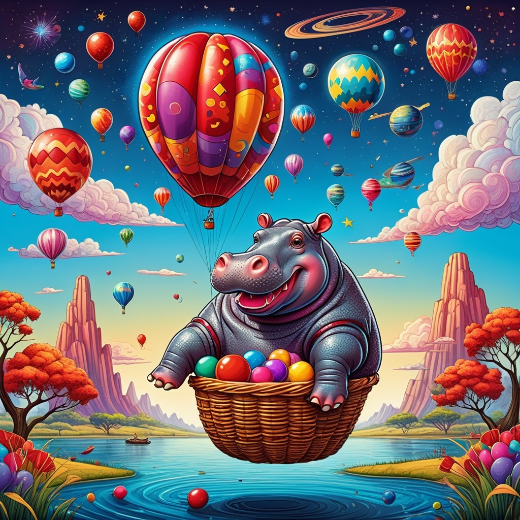 Playful Hippo in Basket with Colorful Eggs and Balloons