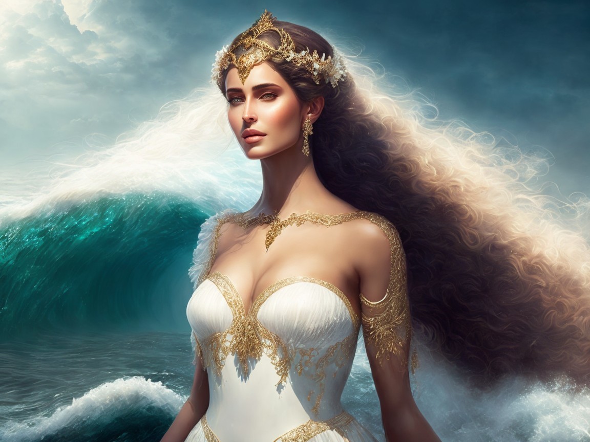 Elegant Woman in White Gown Amidst Ocean Waves