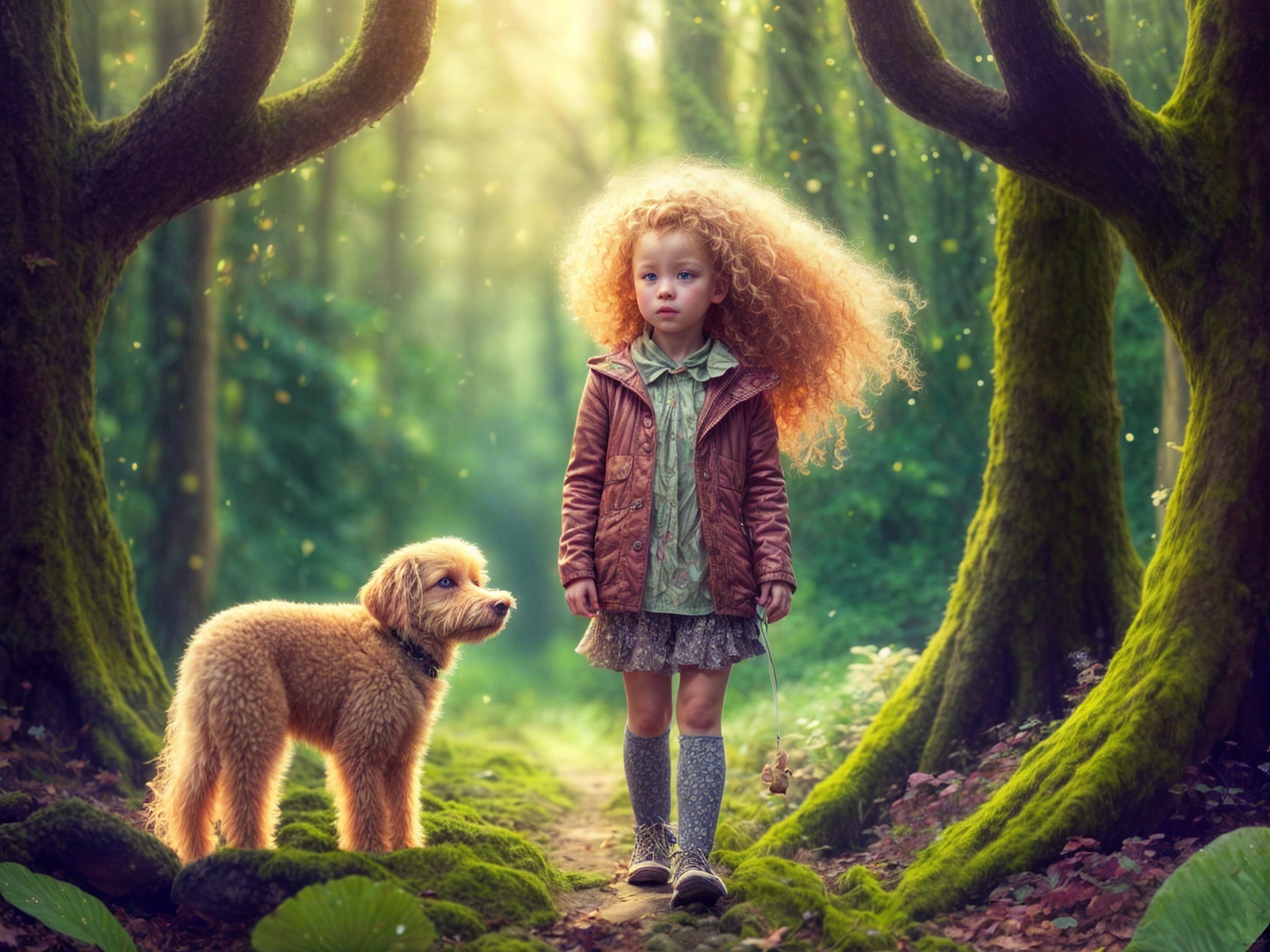 Magical Forest Scene with Girl and Golden Dog