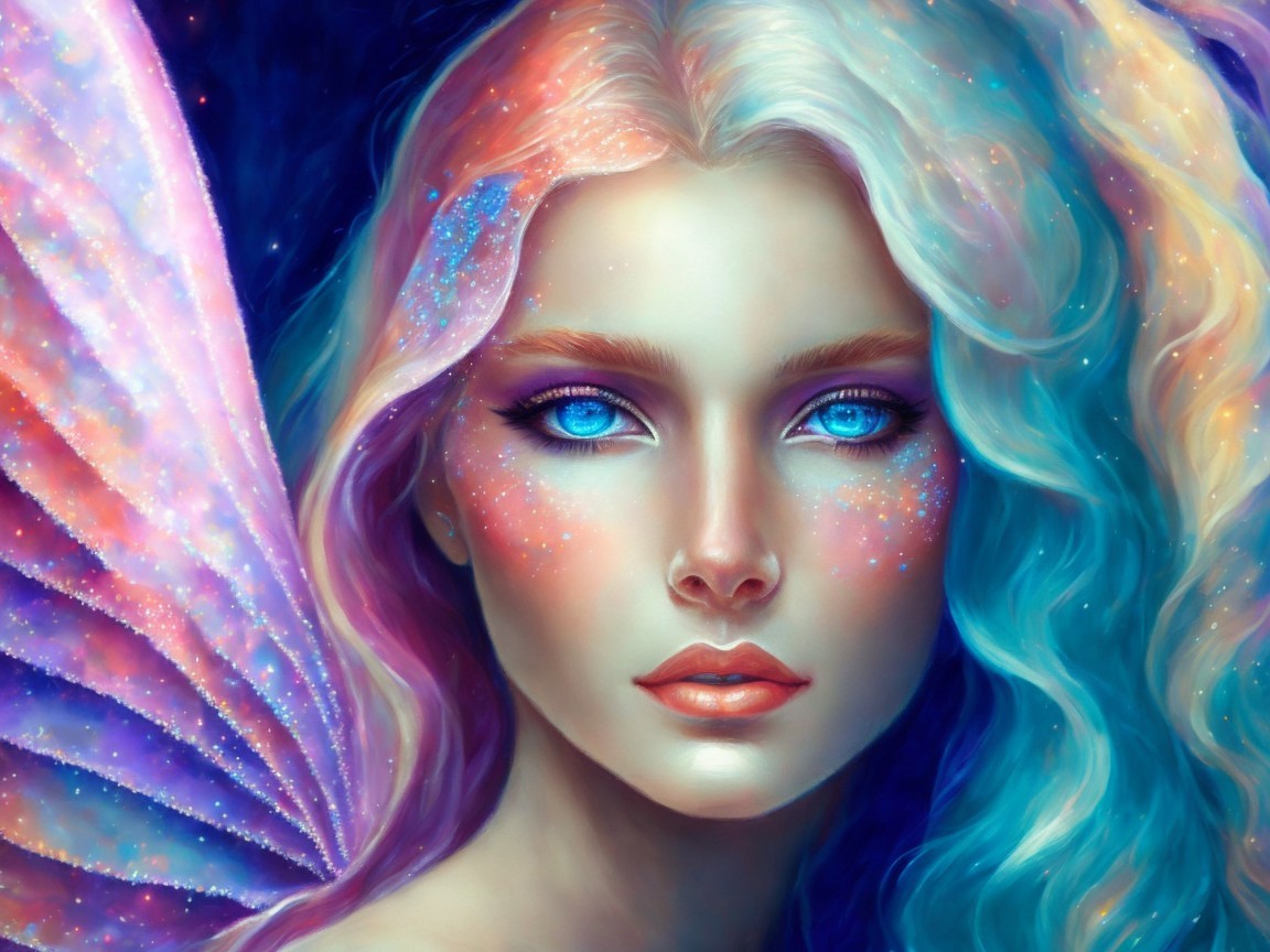Ethereal Fairy with Blue Hair and Opalescent Wings