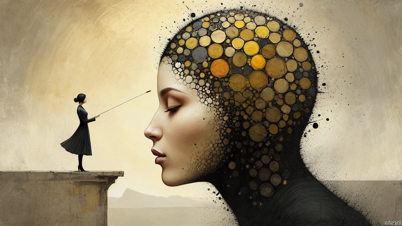 Surreal Scene of Figure and Textured Golden Head