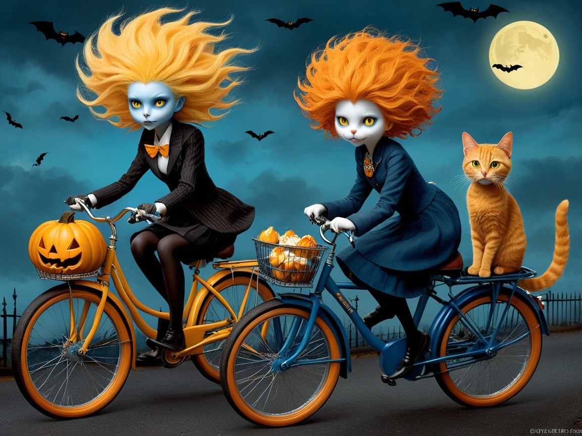 Whimsical Characters Riding Bicycles at Night