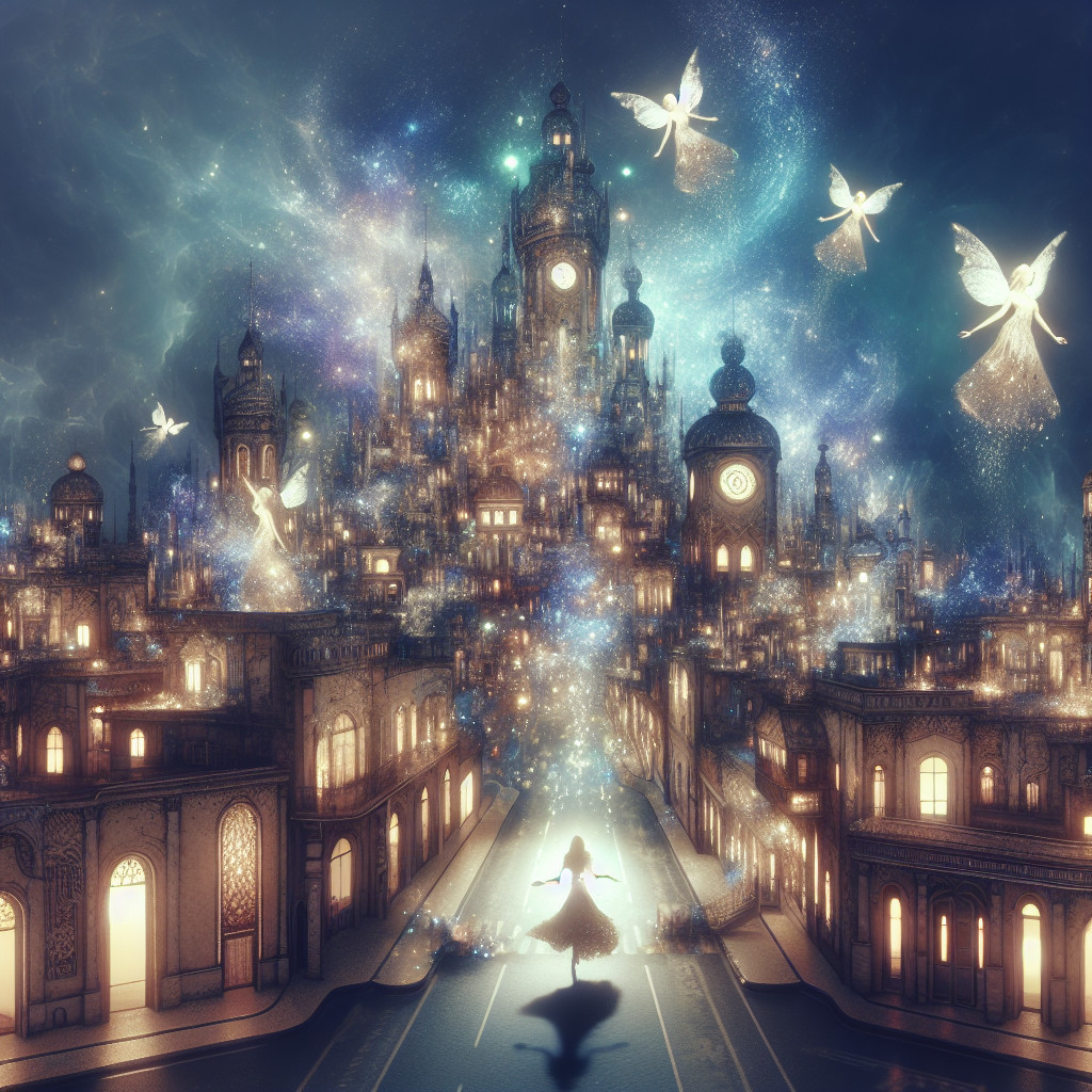 Whimsical Cityscape with Ethereal Light and Fairies