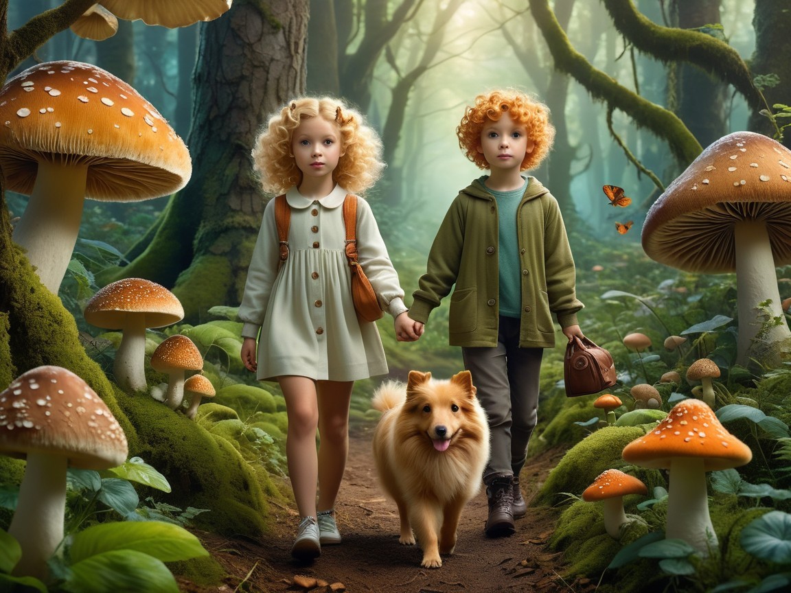 Children in a whimsical forest with oversized mushrooms