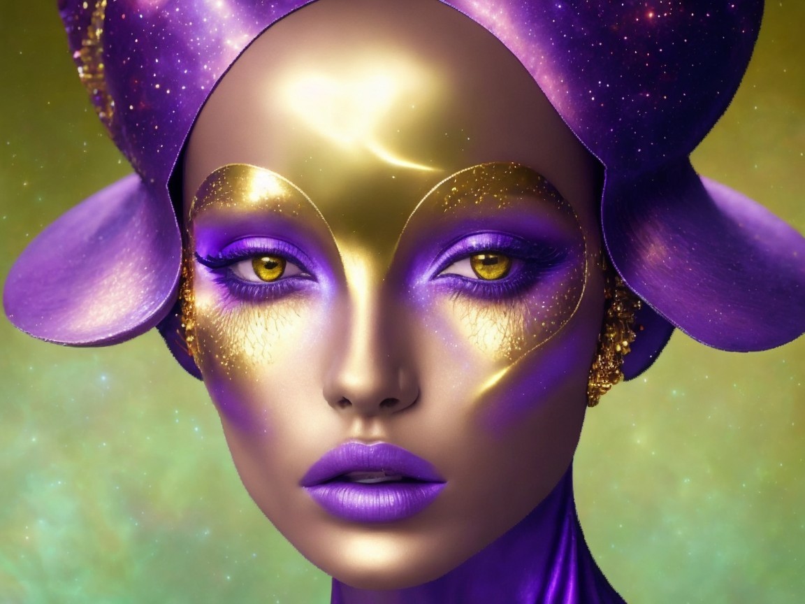 Futuristic Portrait with Metallic Skin and Cosmic Background