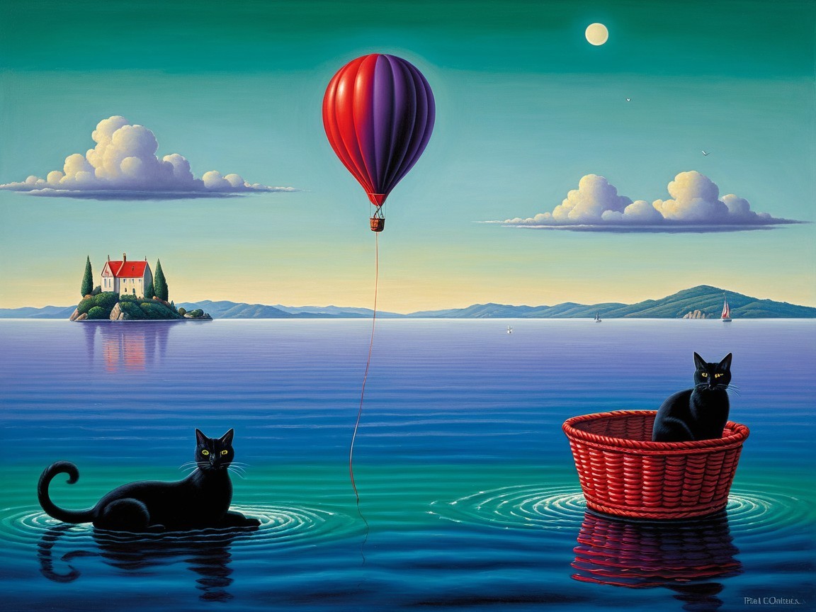 Surreal Landscape with Cats and Hot Air Balloon