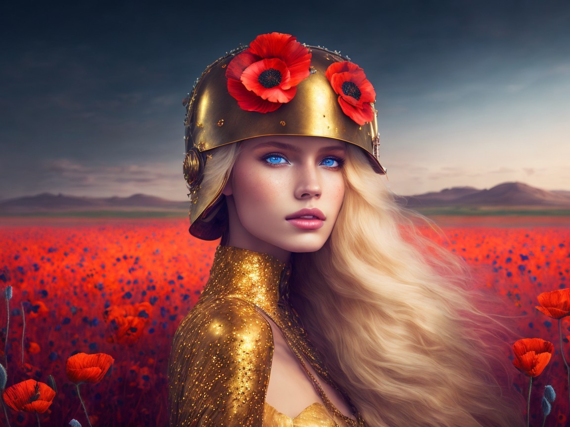 Young Woman in Golden Helmet Surrounded by Red Flowers