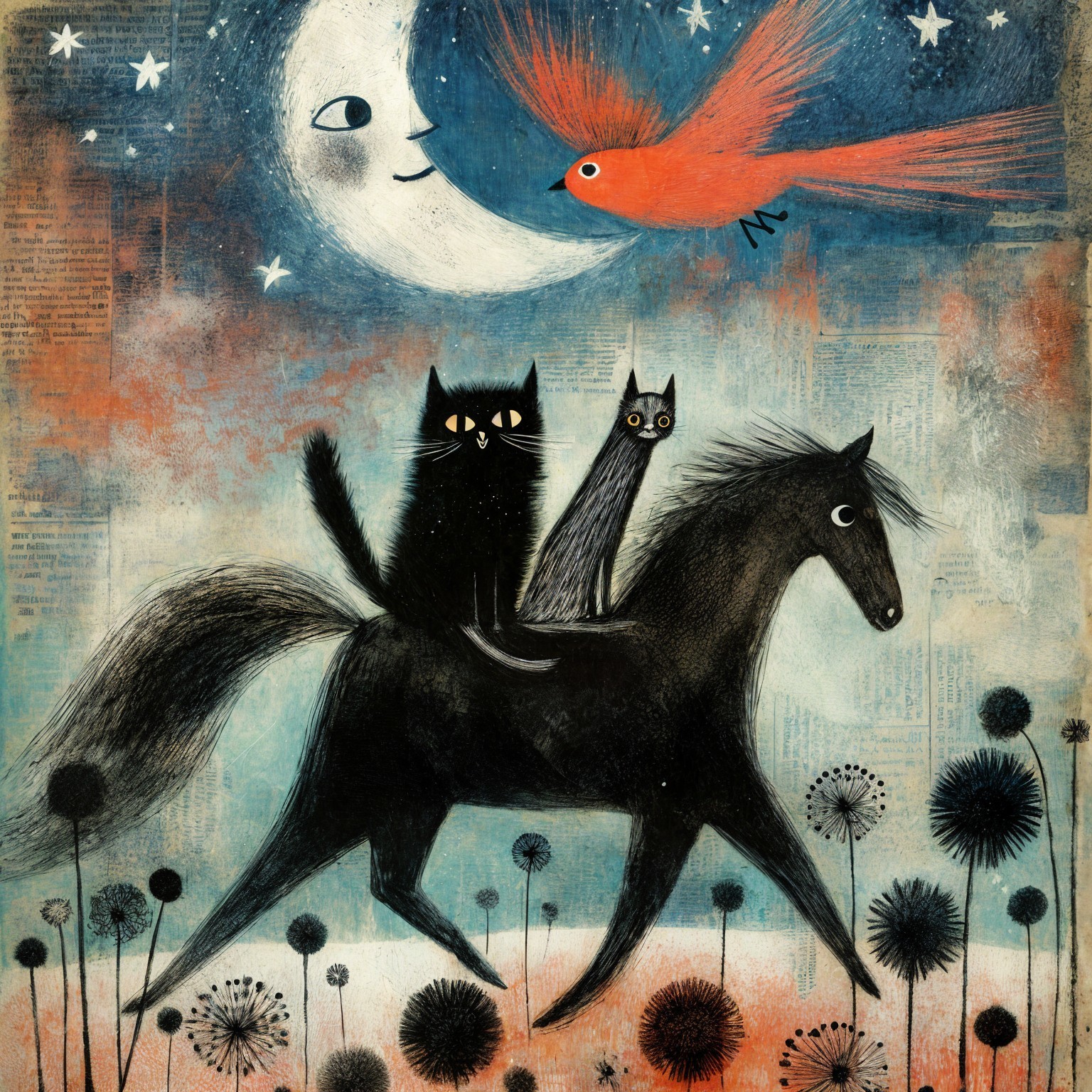 Whimsical Illustration of Cats on a Horse at Night