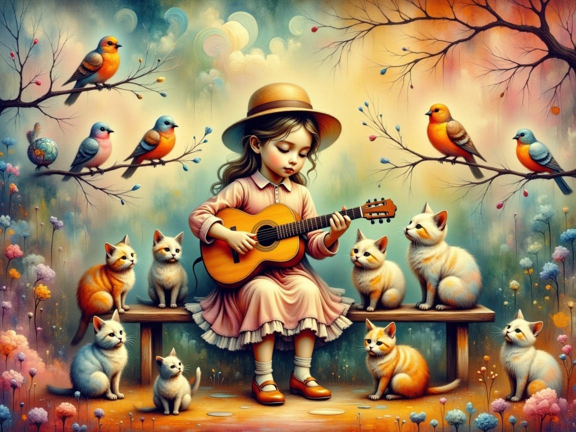 Whimsical Landscape with Girl, Kittens, and Birds