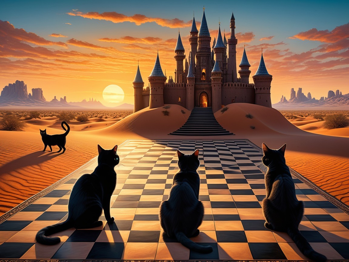 Surreal Desert Scene with Cats and Chessboard Castle