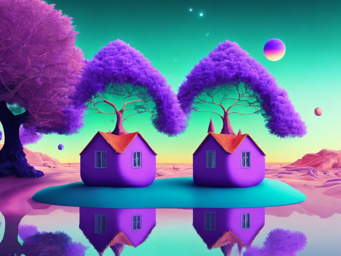 Surreal Landscape with Purple Houses and Colorful Sky