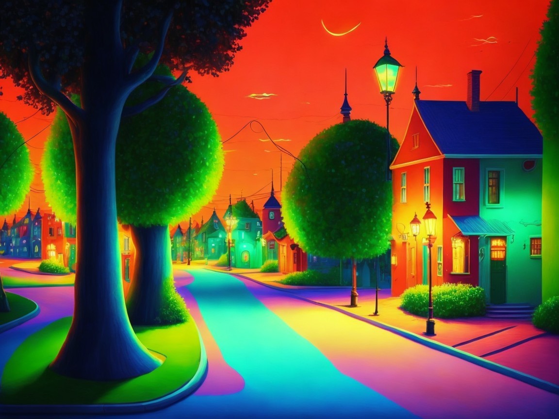 Twilight Street Scene with Colorful Houses and Trees