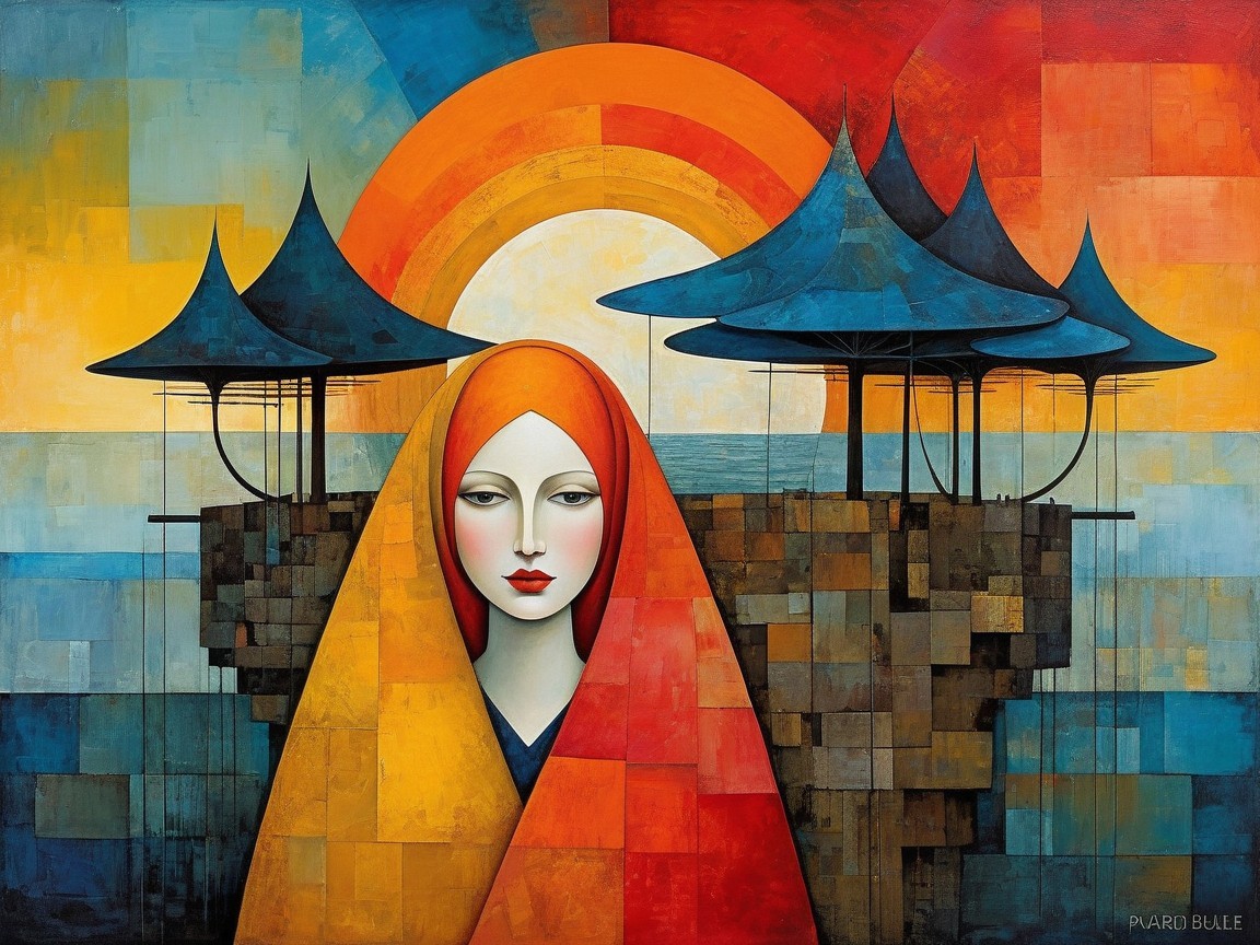 Serene Figure with Vibrant Geometric Background