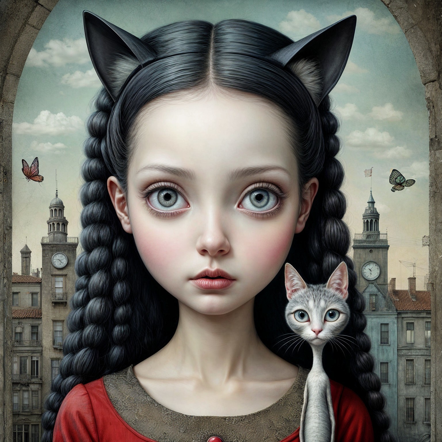 Young girl with cat ears in whimsical cityscape