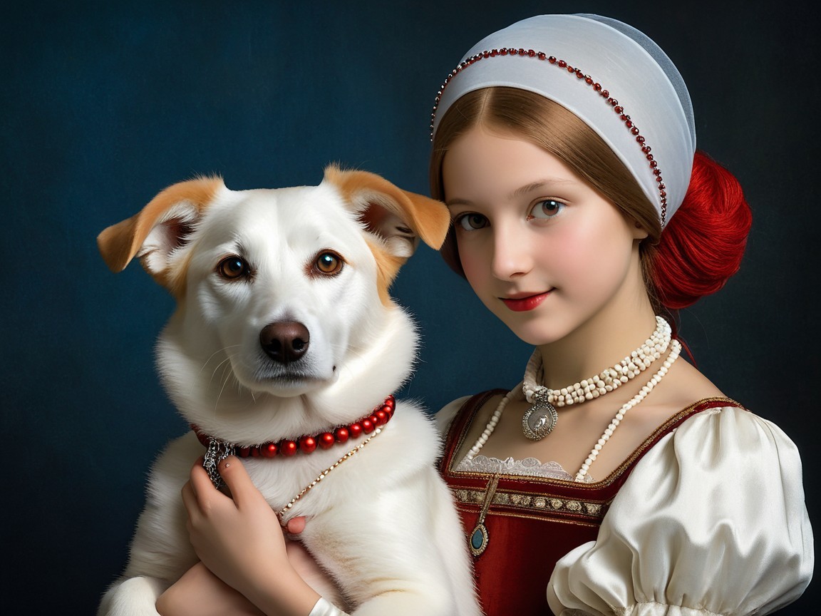 Young girl in traditional outfit with fluffy dog