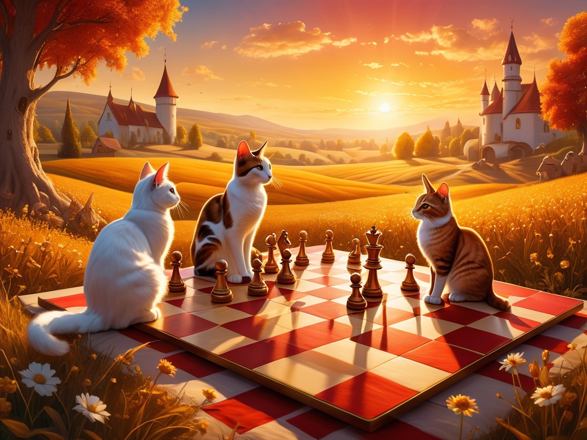 Cats Playing Chess in a Scenic Sunset Landscape