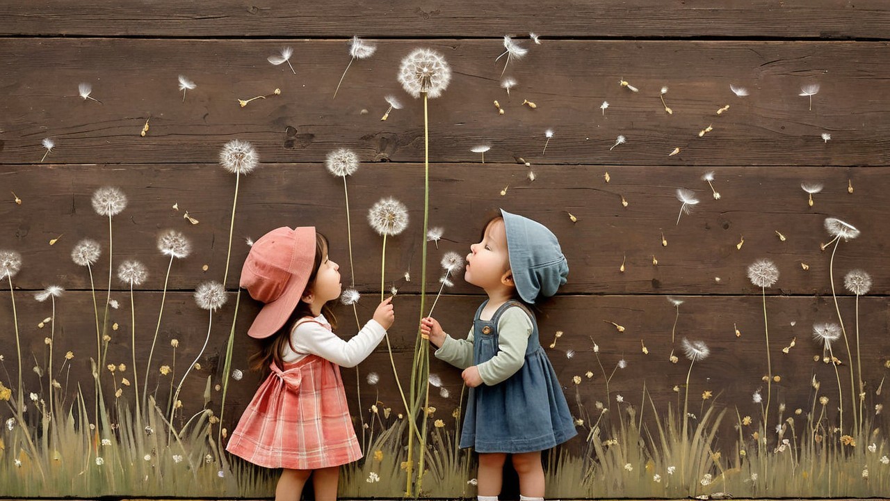 Children Playing with Dandelion Seeds Against Backdrop