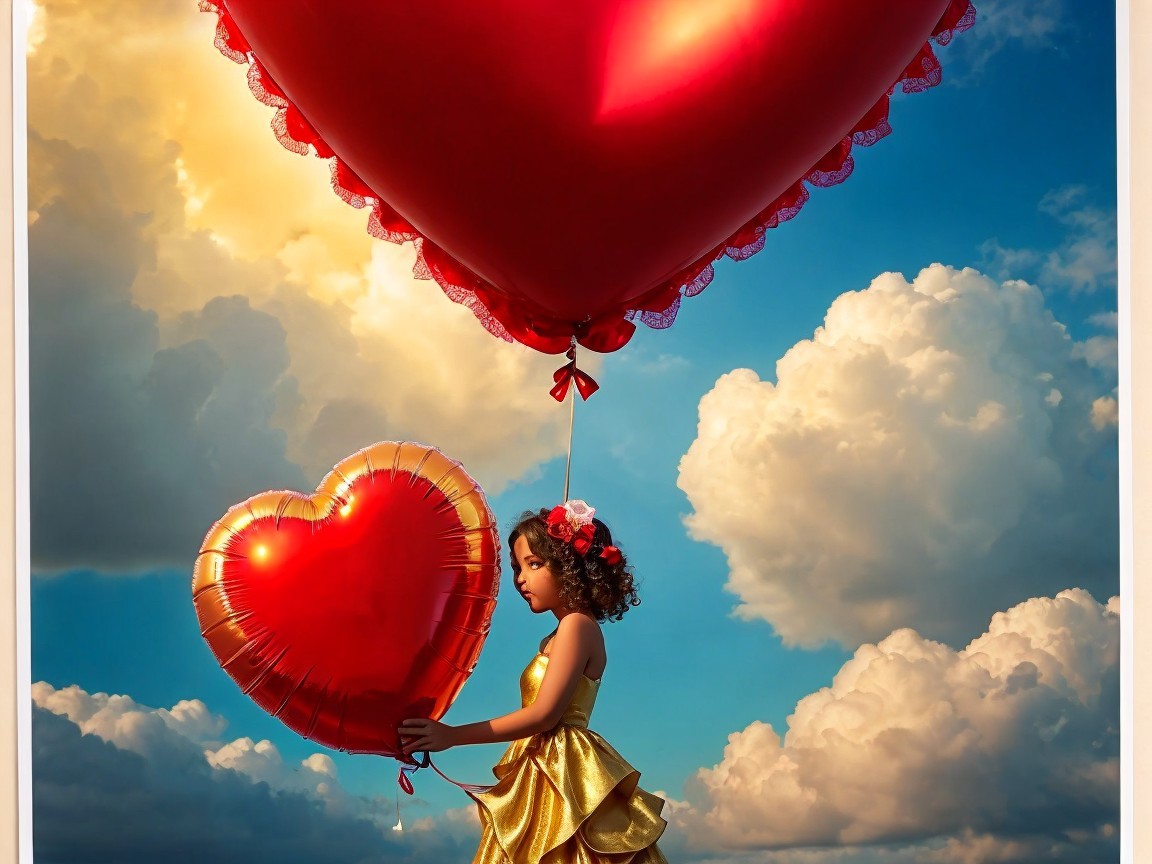 Young girl in gold dress with heart-shaped balloon
