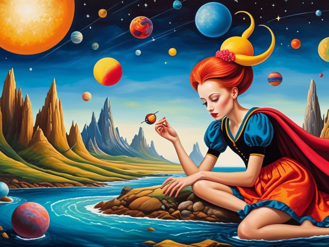 Surreal Scene of a Girl with a Tiny Planet on Shore