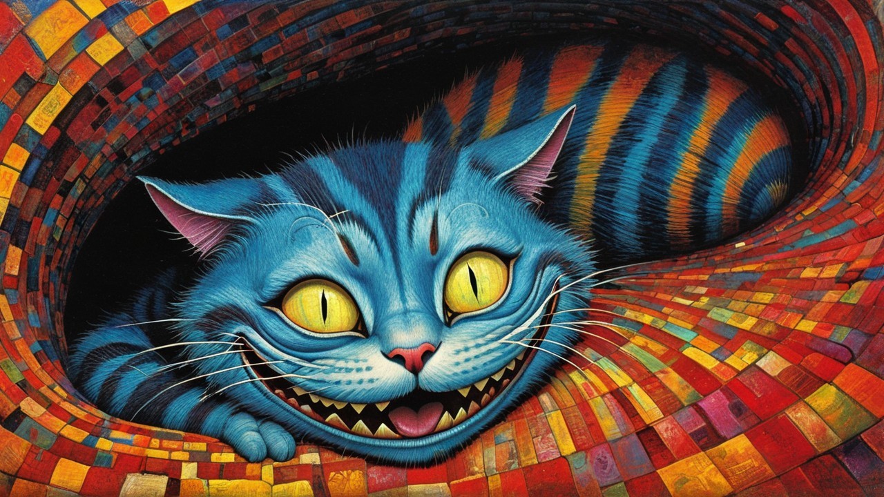 Whimsical Illustration of a Blue Cat with Yellow Eyes