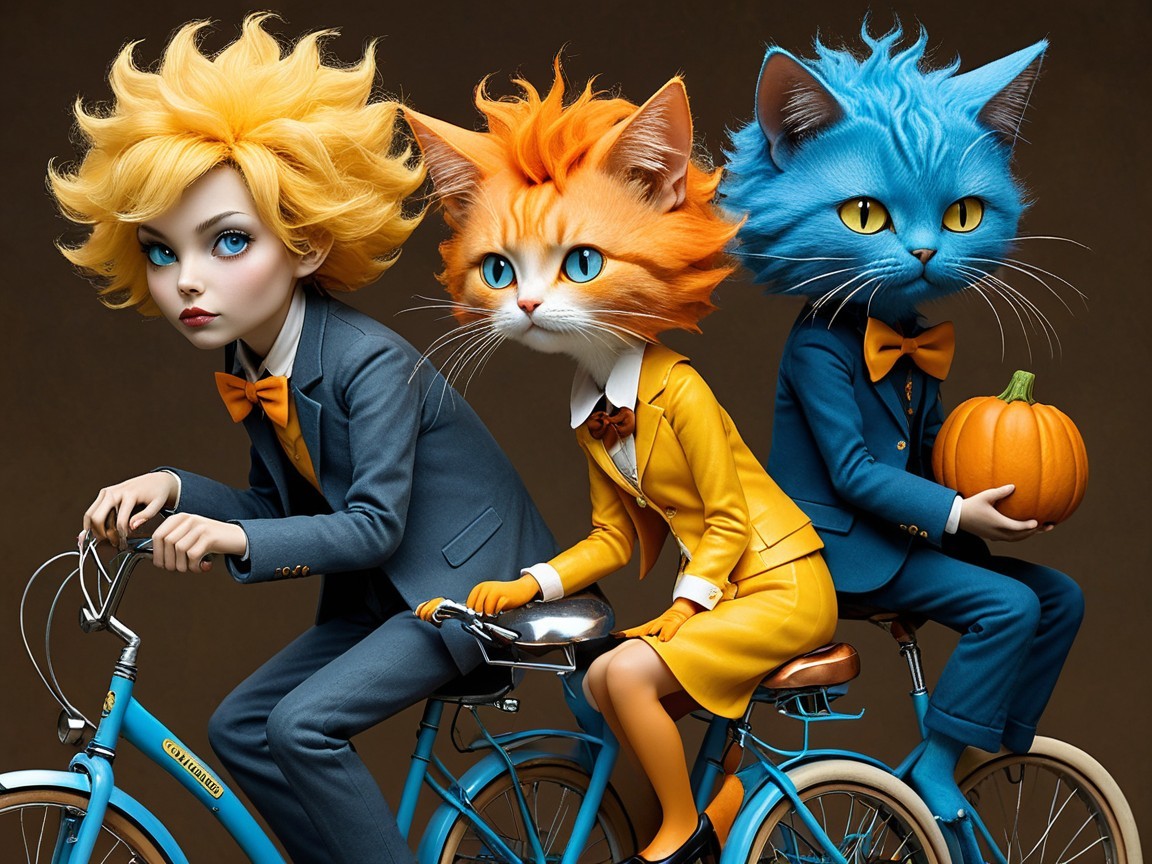 Whimsical Scene of Cats and Girl Riding Bicycles