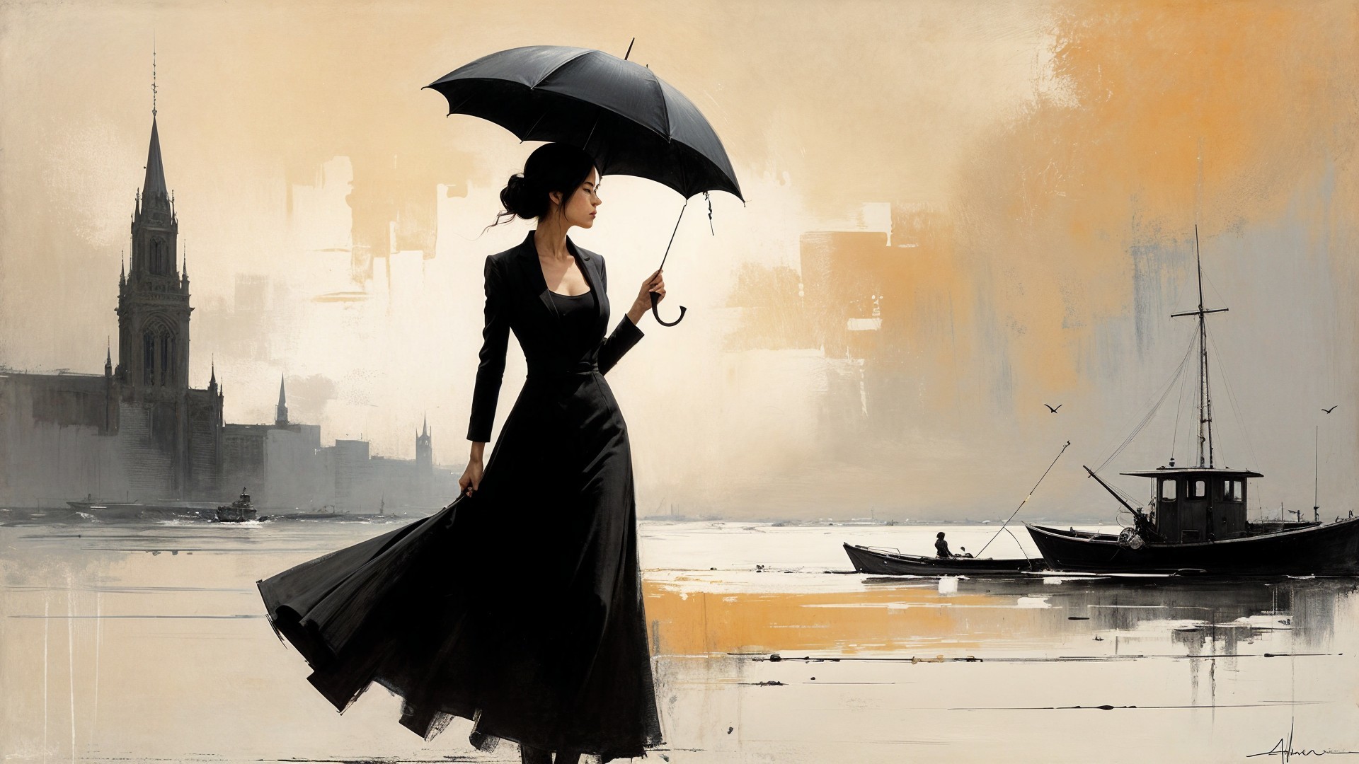 Elegant Woman in Black Dress by Serene Water Scene