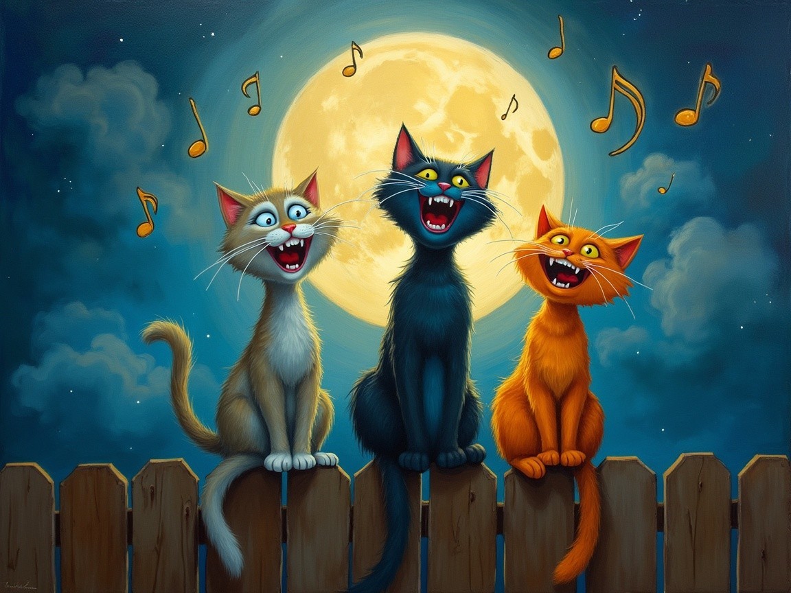 Vibrant Cartoon Cats Singing Under Full Moon