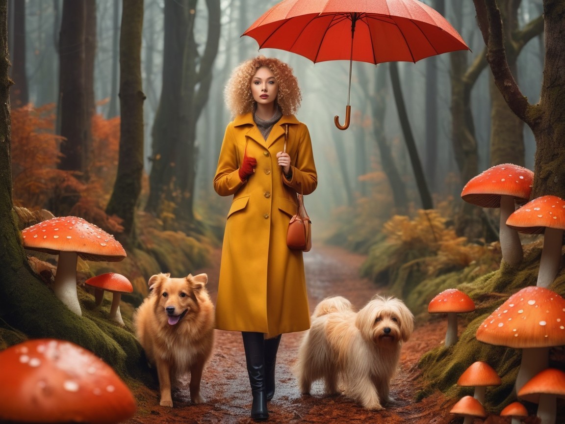 Woman with umbrella in misty forest with dogs and mushrooms