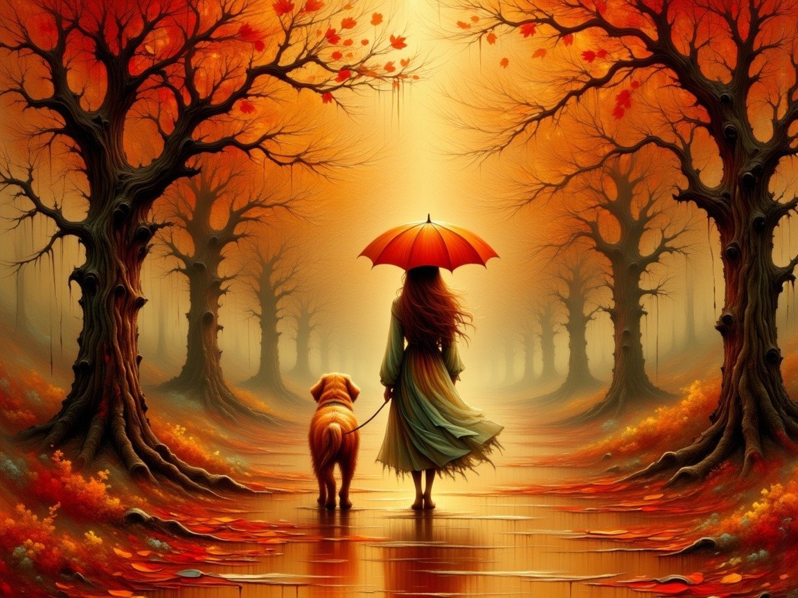 Woman with Umbrella Walking a Dog in Autumn Path