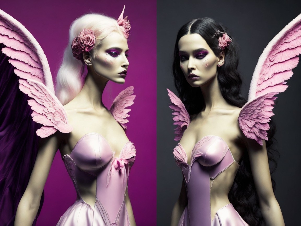 Ethereal Angelic Figures with Striking Wings and Dresses