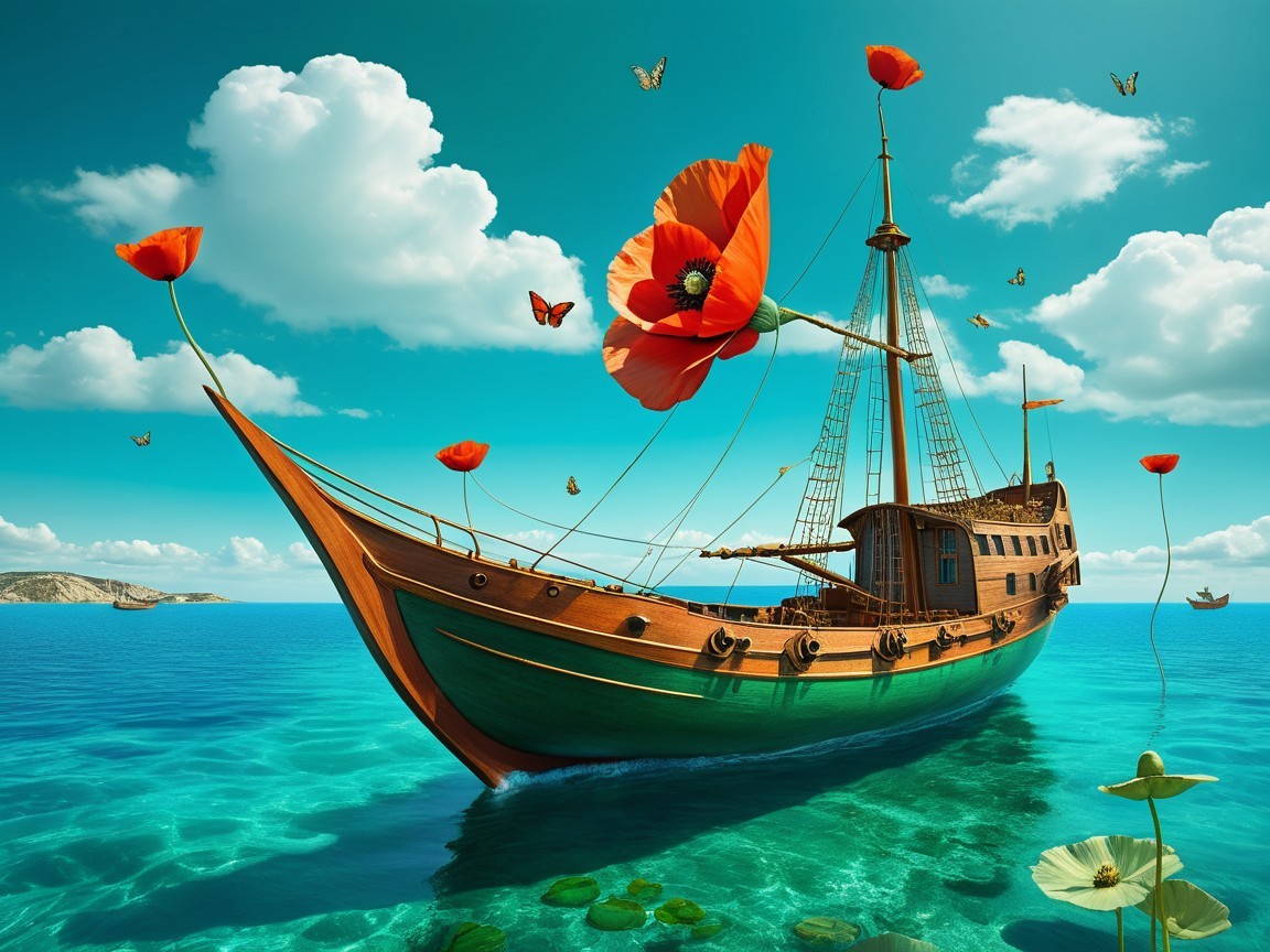Wooden ship on turquoise waters with flowers and butterflies