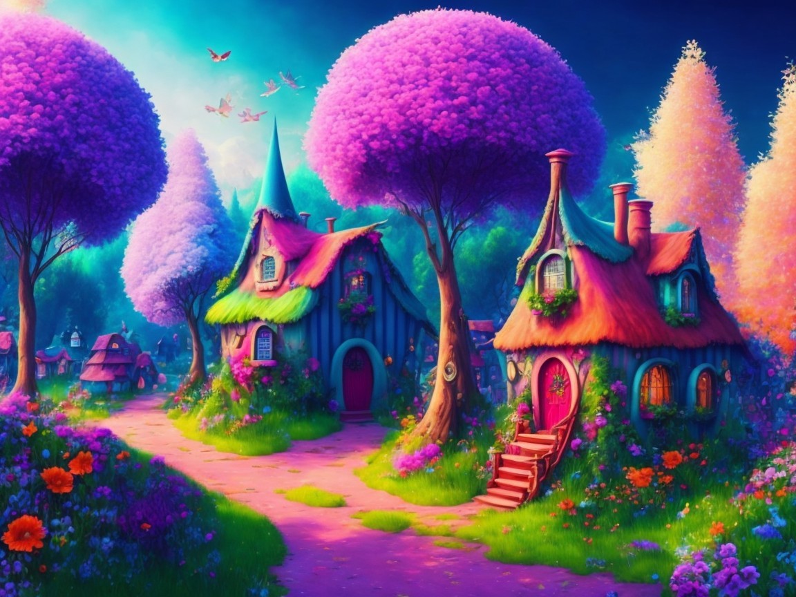 Whimsical Village Scene with Colorful Houses and Gardens
