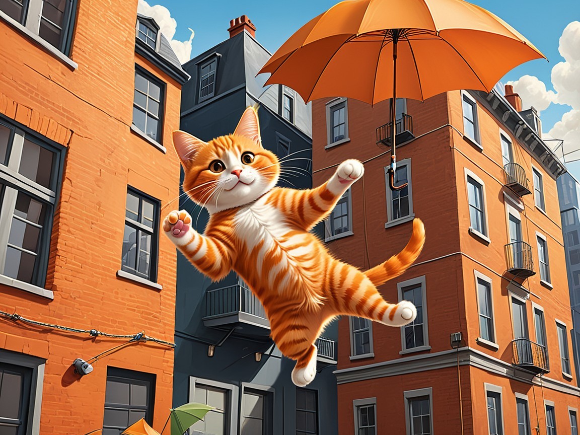 Orange and White Cat with Umbrella in Urban Scene