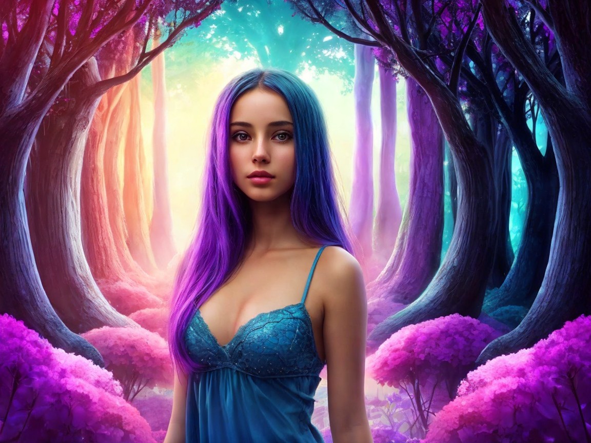 Young woman in vibrant forest with colorful trees