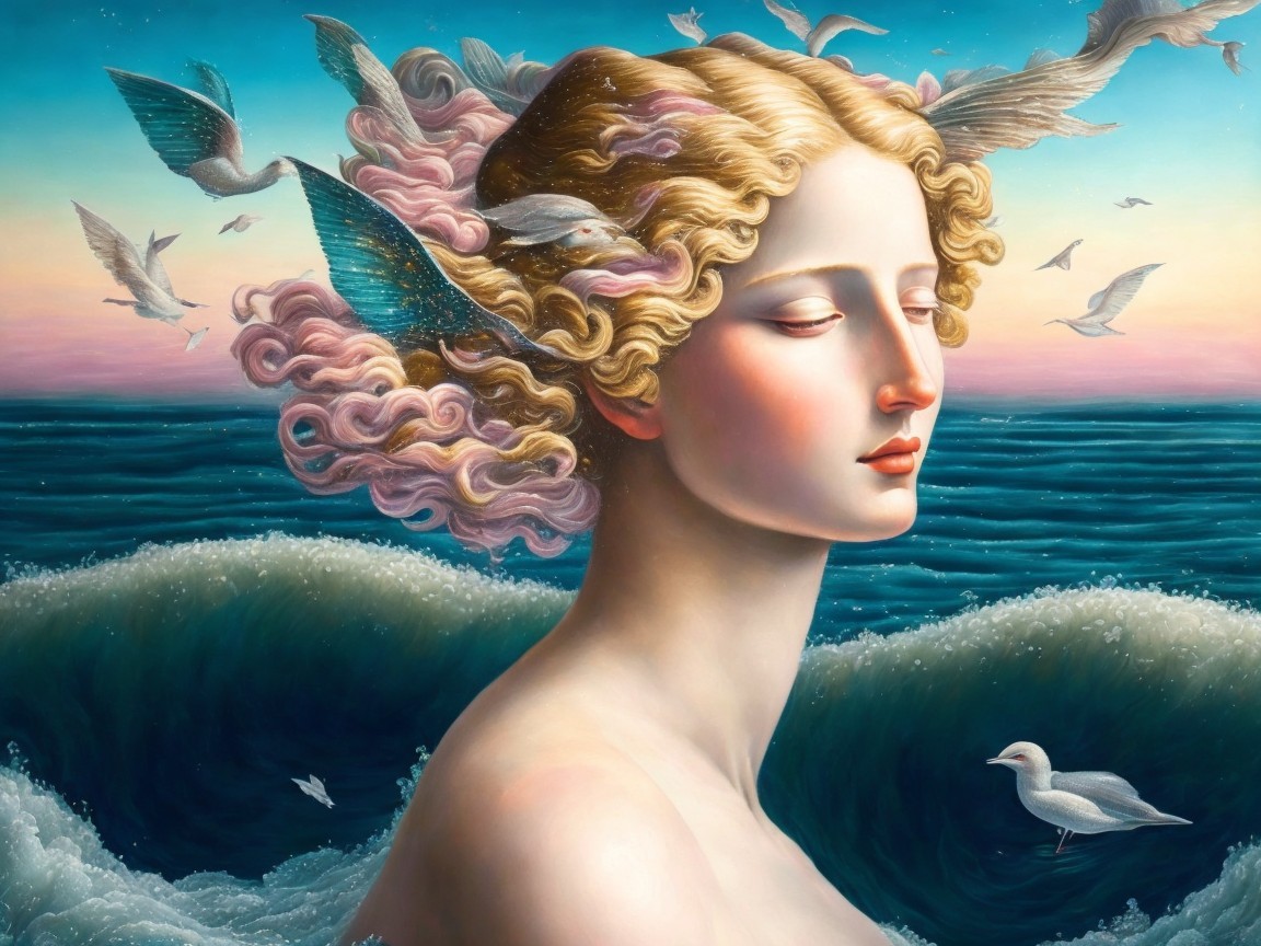 Serene Woman with Fish Fins and Ocean Background