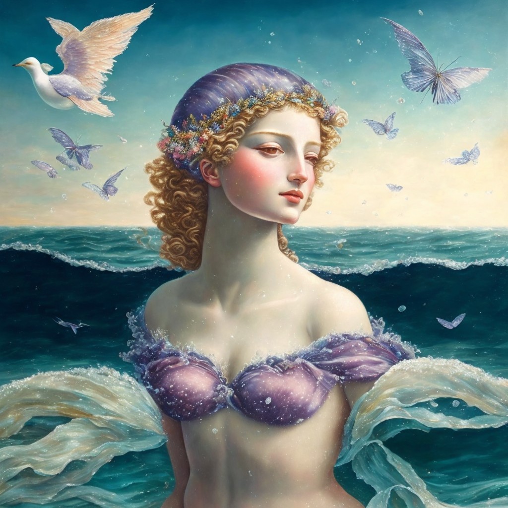 Serene Figure with Floral Crown Amidst Ocean Waves