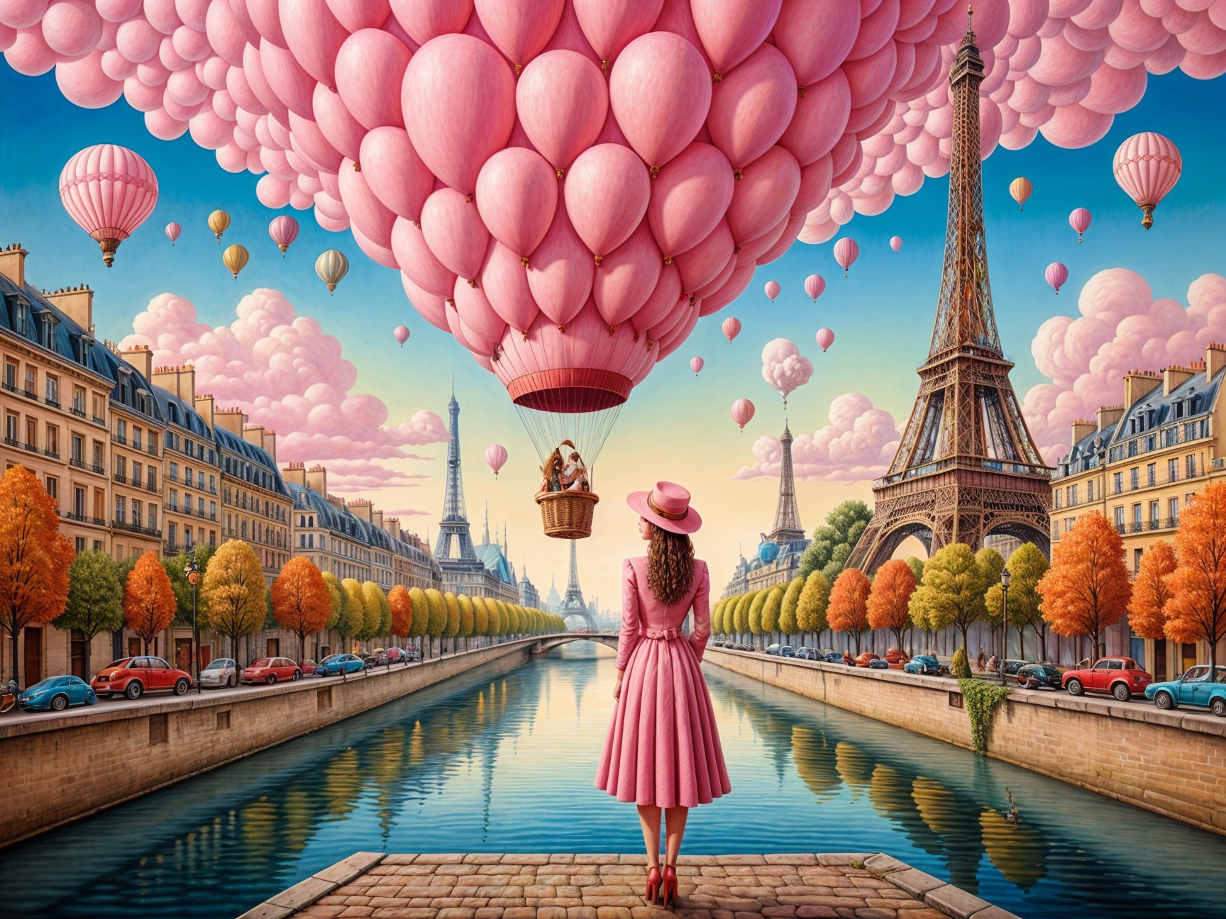 Whimsical Paris Scene with Woman and Balloons