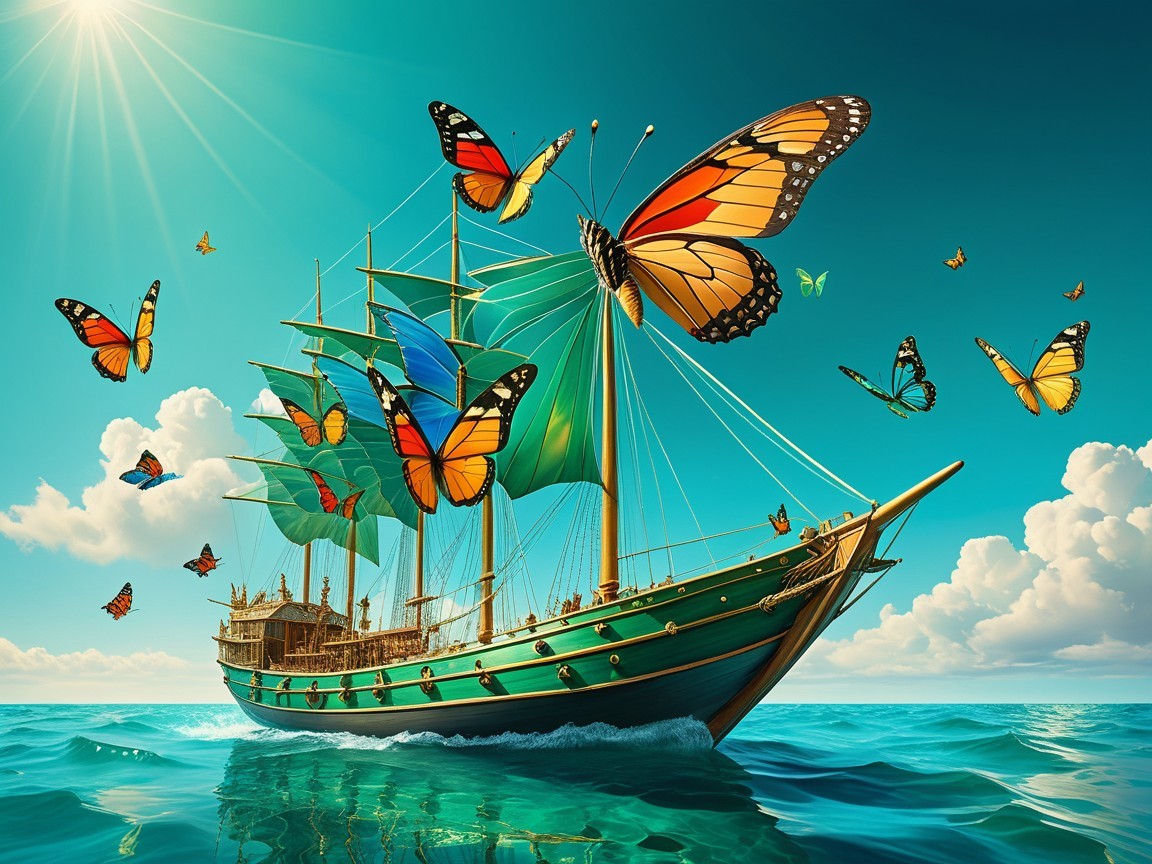 Vibrant ship with butterfly sails in clear waters