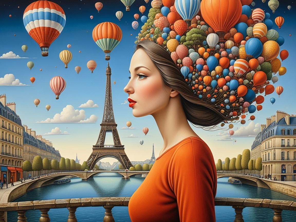 Whimsical Paris Scene with Balloon-Filled Hairstyle
